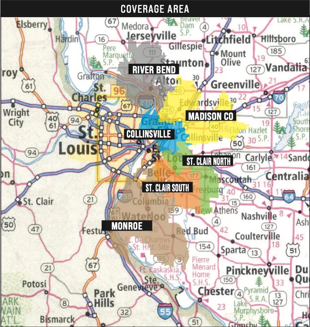 The 2026 Living Local coverage map: River Bend, Madison County, Collinsville, St. Clair North, St. Clair South and Monroe zones east of St. Louis